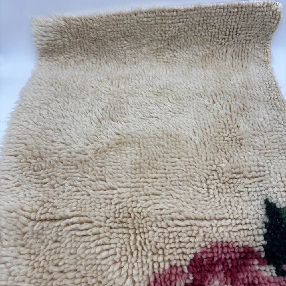 Vintage Latch Hook Red Cream Color Rug‎ With Floral Design